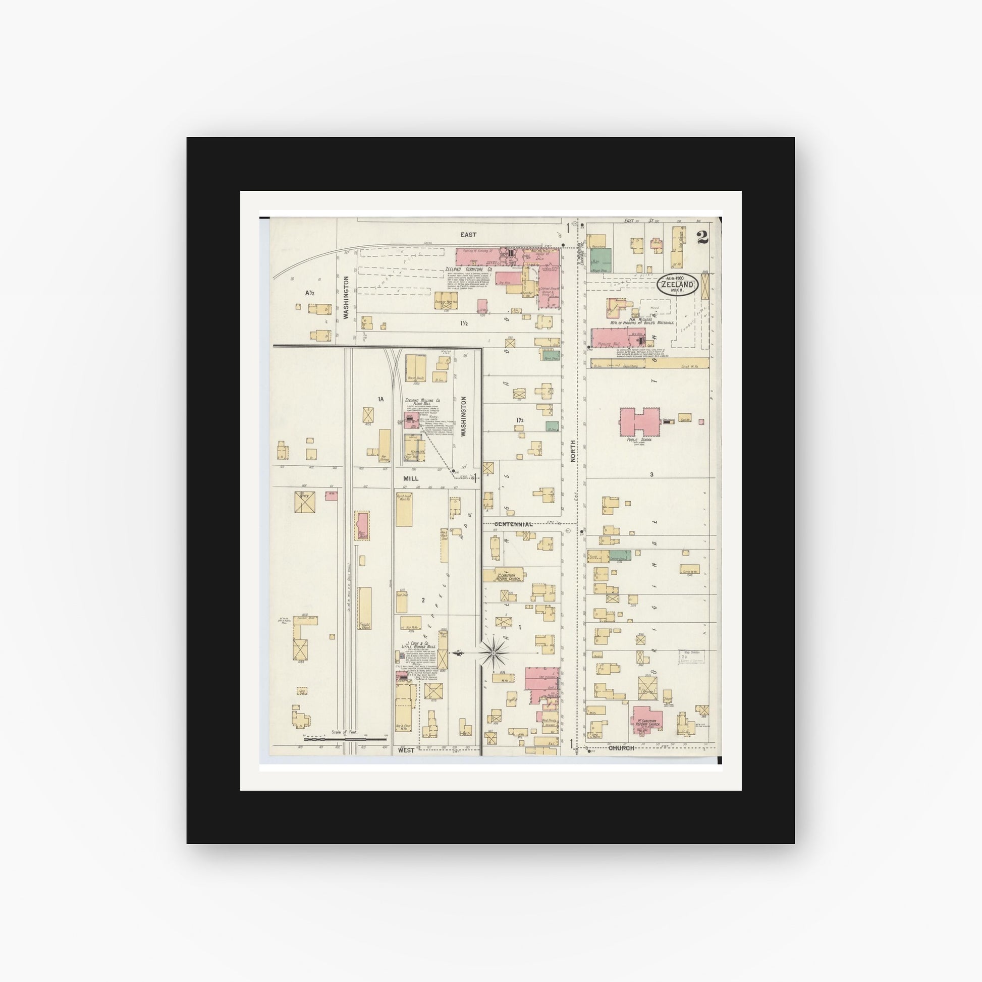 Old map wall art mockup — black gallery frame with white mat — Sanborn Fire Insurance Map from Zeeland, Ottawa County, Michigan (1900), Sheet #0002