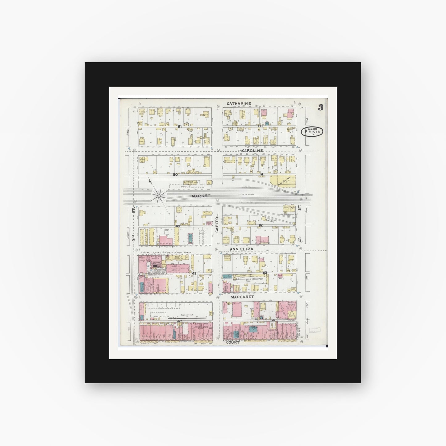 Old map wall art mockup — black gallery frame with white mat — Sanborn Fire Insurance Map from Pekin, Tazewell County, Illinois (1892), Sheet #0003