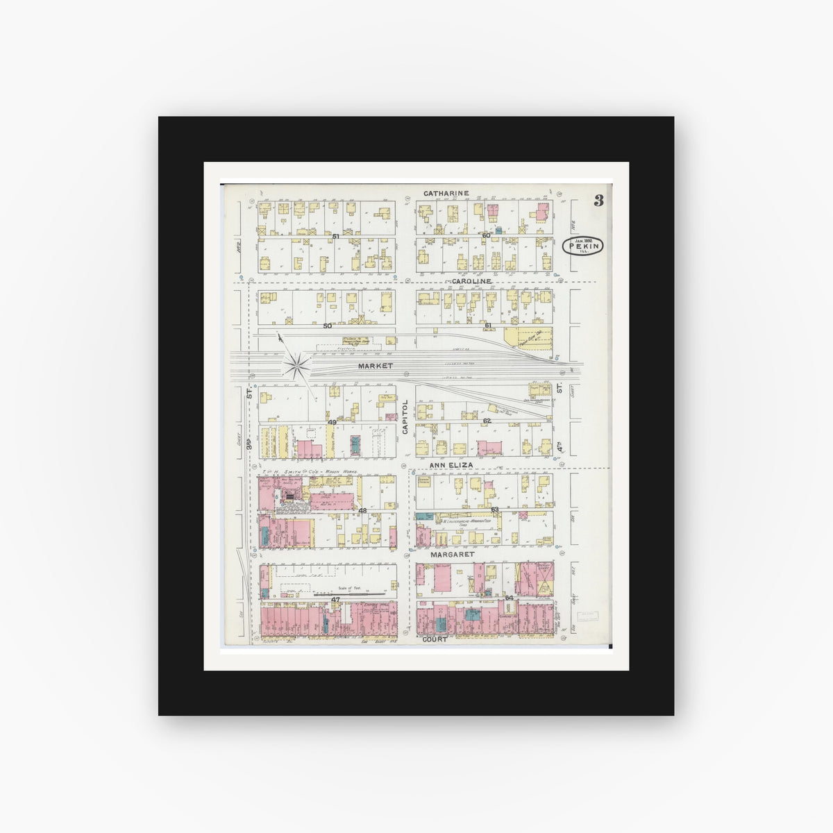 Old map wall art mockup — black gallery frame with white mat — Sanborn Fire Insurance Map from Pekin, Tazewell County, Illinois (1892), Sheet #0003