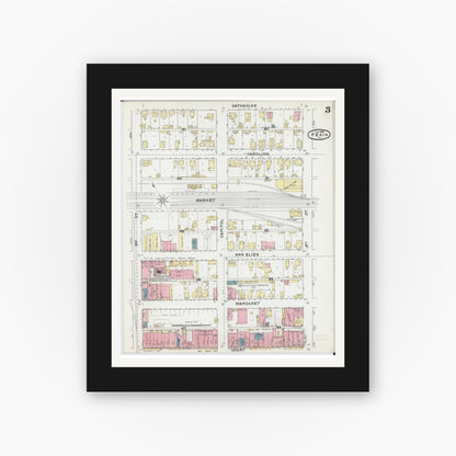 Old map wall art mockup — black gallery frame with white mat — Sanborn Fire Insurance Map from Pekin, Tazewell County, Illinois (1892), Sheet #0003