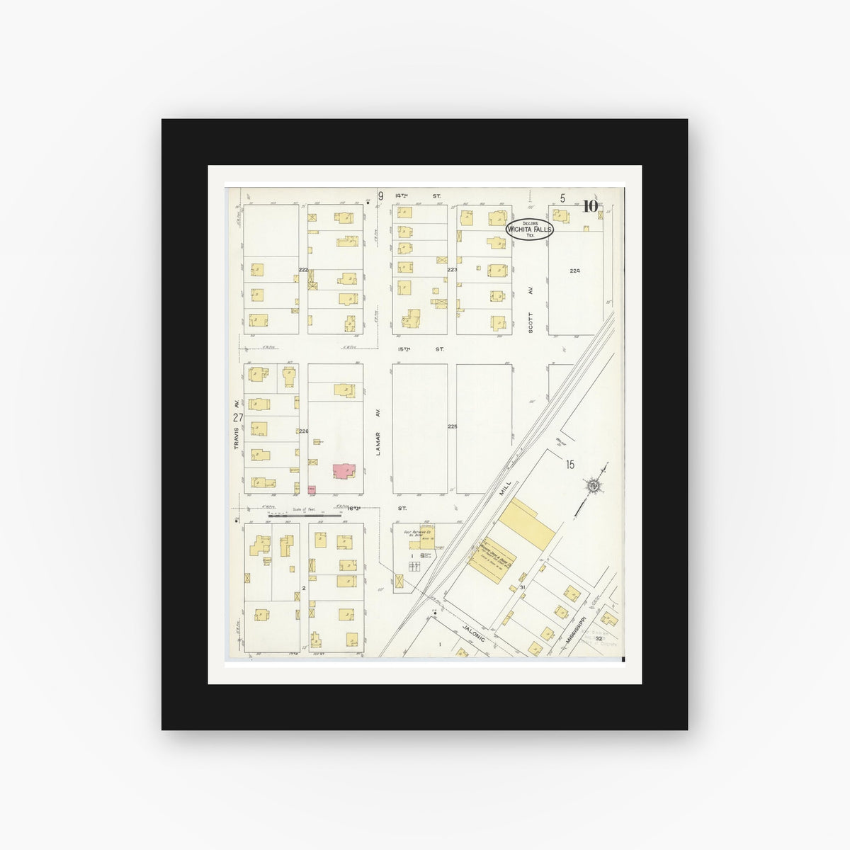 Old map wall art mockup — black gallery frame with white mat — Sanborn Fire Insurance Map from Wichita Falls, Wichita County, Texas (1915), Sheet #0010