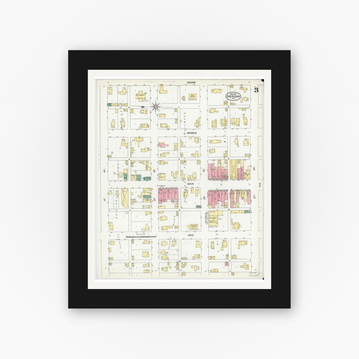 Old map wall art mockup — black gallery frame with white mat — Sanborn Fire Insurance Map from Sheridan, Hamilton County, Indiana (1902), Sheet #0003