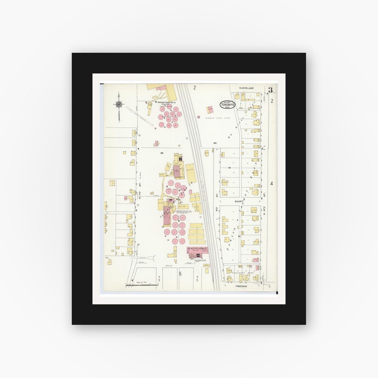 Old map wall art mockup — black gallery frame with white mat — Sanborn Fire Insurance Map from Toronto, Jefferson County, Ohio (1911), Sheet #0003