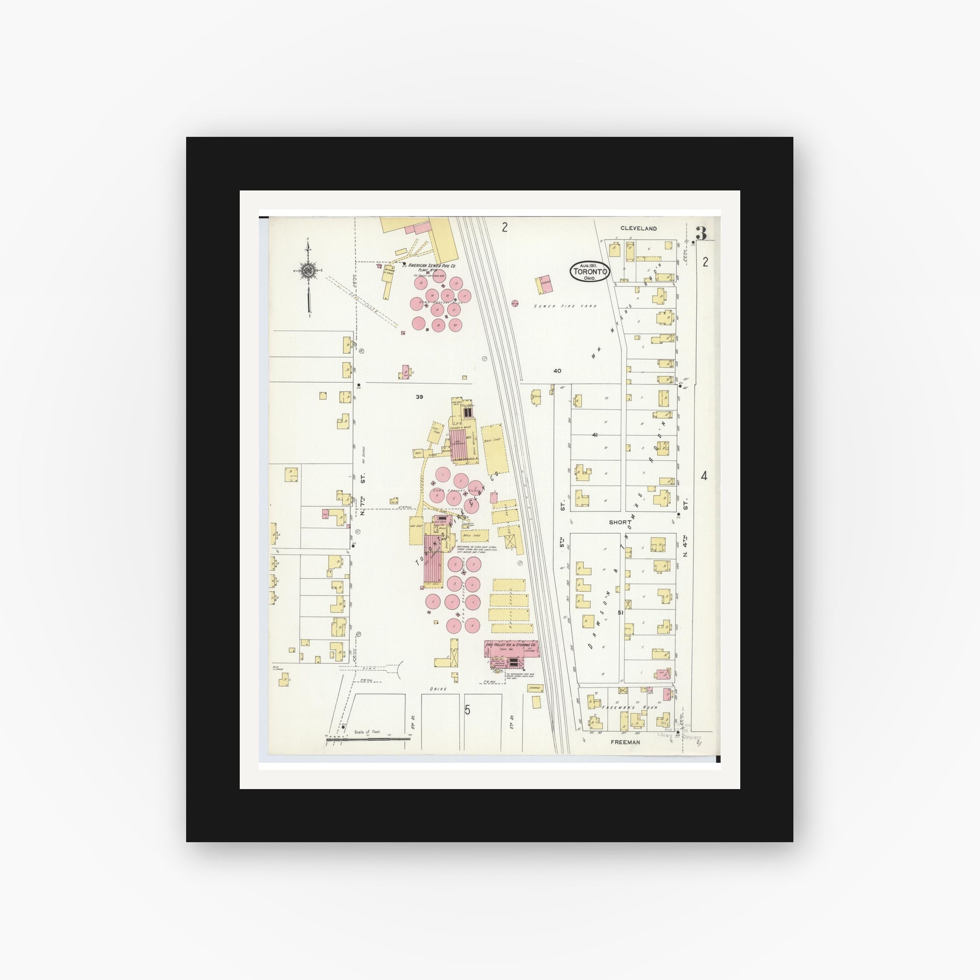 Old map wall art mockup — black gallery frame with white mat — Sanborn Fire Insurance Map from Toronto, Jefferson County, Ohio (1911), Sheet #0003