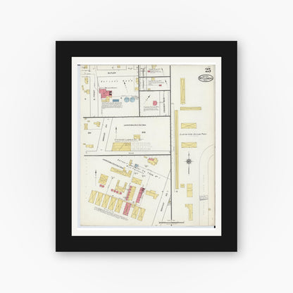 Old map wall art mockup — black gallery frame with white mat — Sanborn Fire Insurance Map from Mount Clemens, Macomb County, Michigan (1921), Sheet #0025
