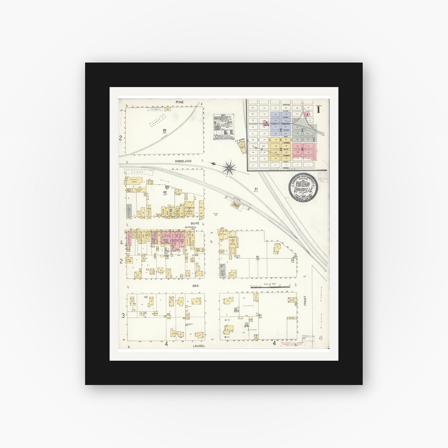 Old map wall art mockup — black gallery frame with white mat — Sanborn Fire Insurance Map from Davis, Yolo County, California (1907) - Complete Map Set