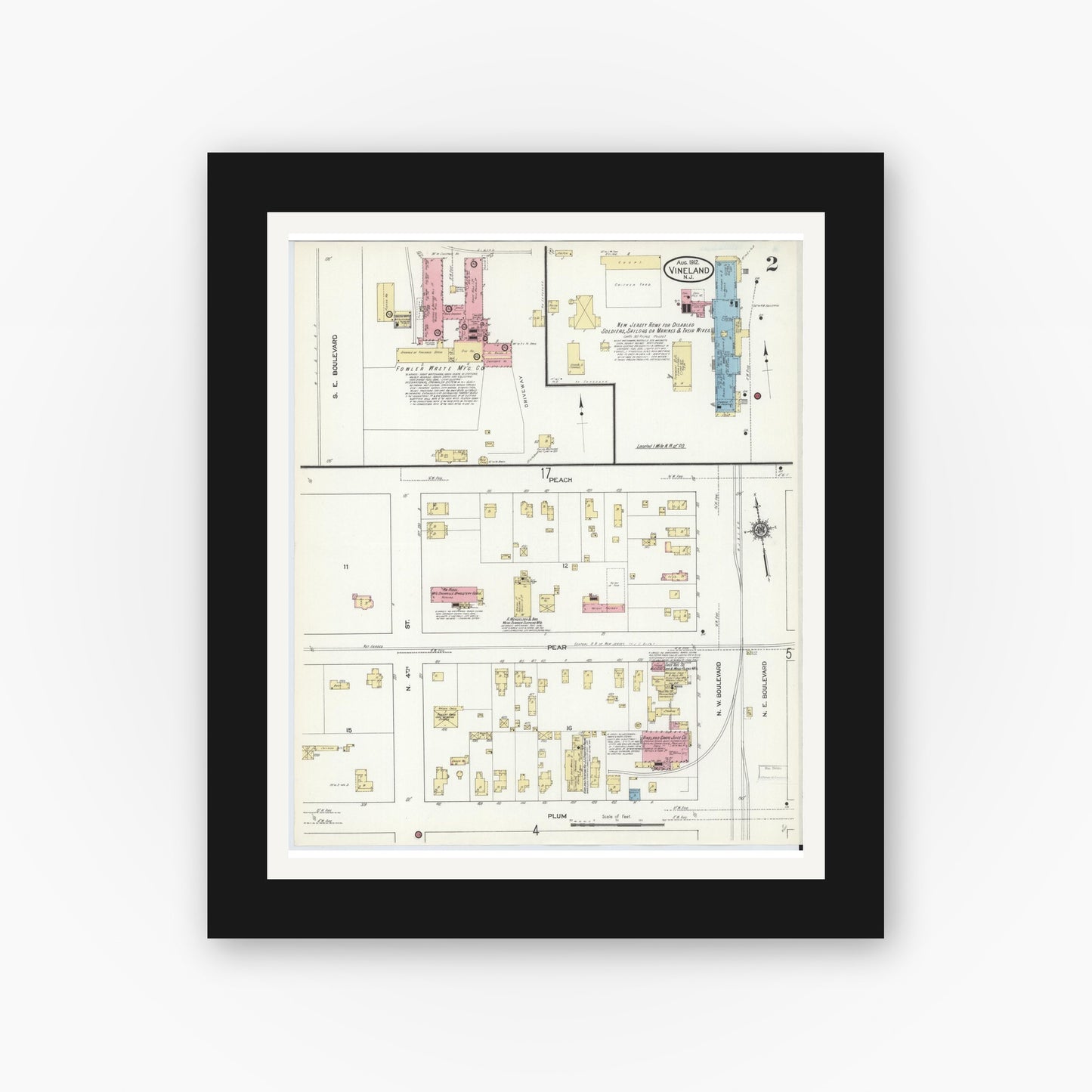 Old map wall art mockup — black gallery frame with white mat — Sanborn Fire Insurance Map from Vineland, Cumberland County, New Jersey (1912) - Complete Map Set