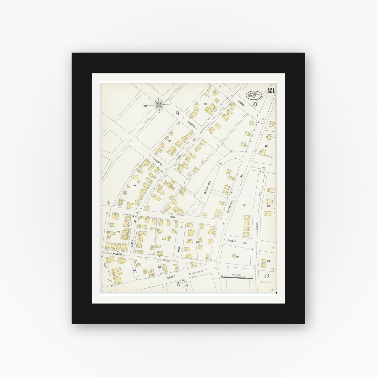 Old map wall art mockup — black gallery frame with white mat — Sanborn Fire Insurance Map from Oil City, Venango County, Pennsylvania (1906), Sheet #0021