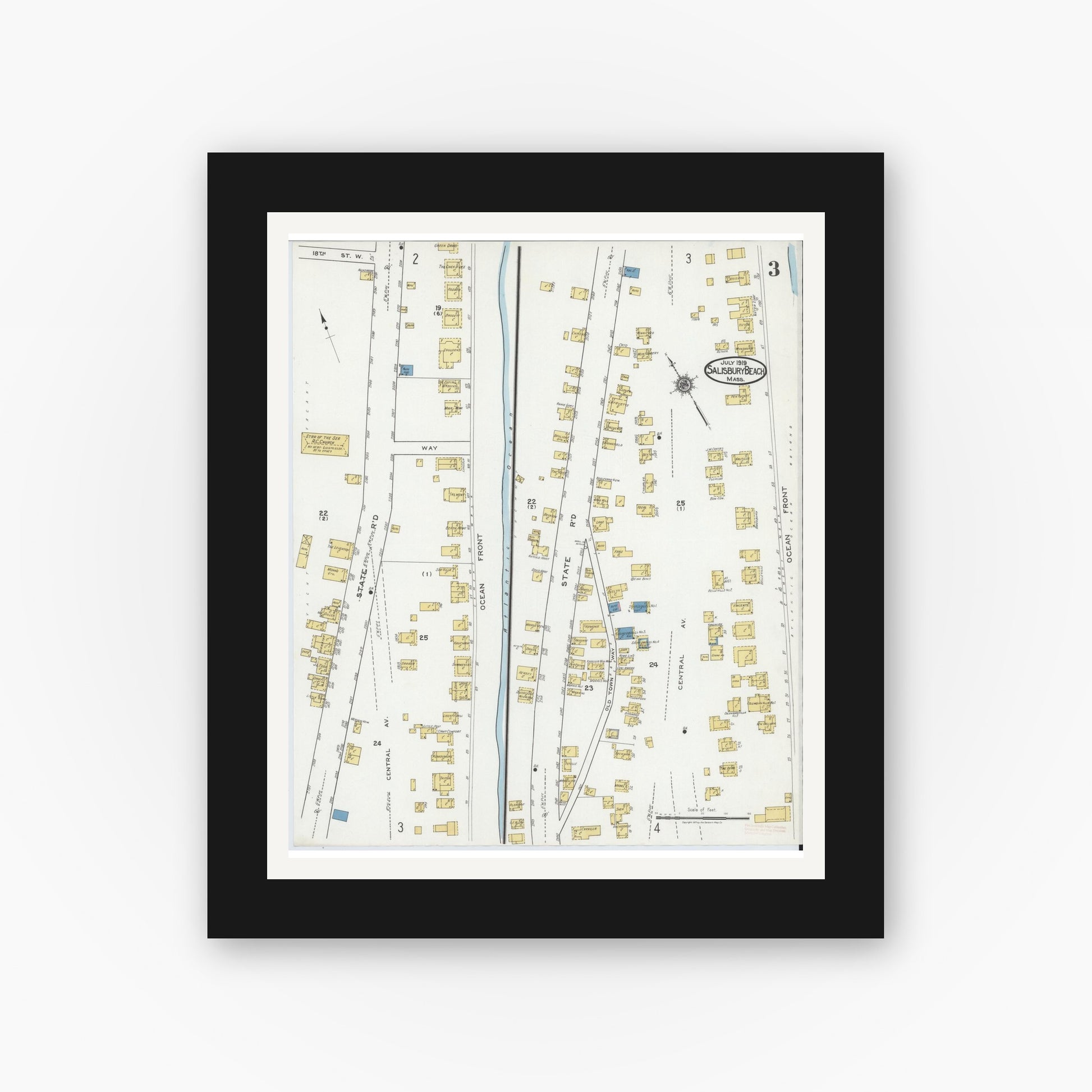 Old map wall art mockup — black gallery frame with white mat — Sanborn Fire Insurance Map from Salisbury, Essex County, Massachusetts (1919), Sheet #0003