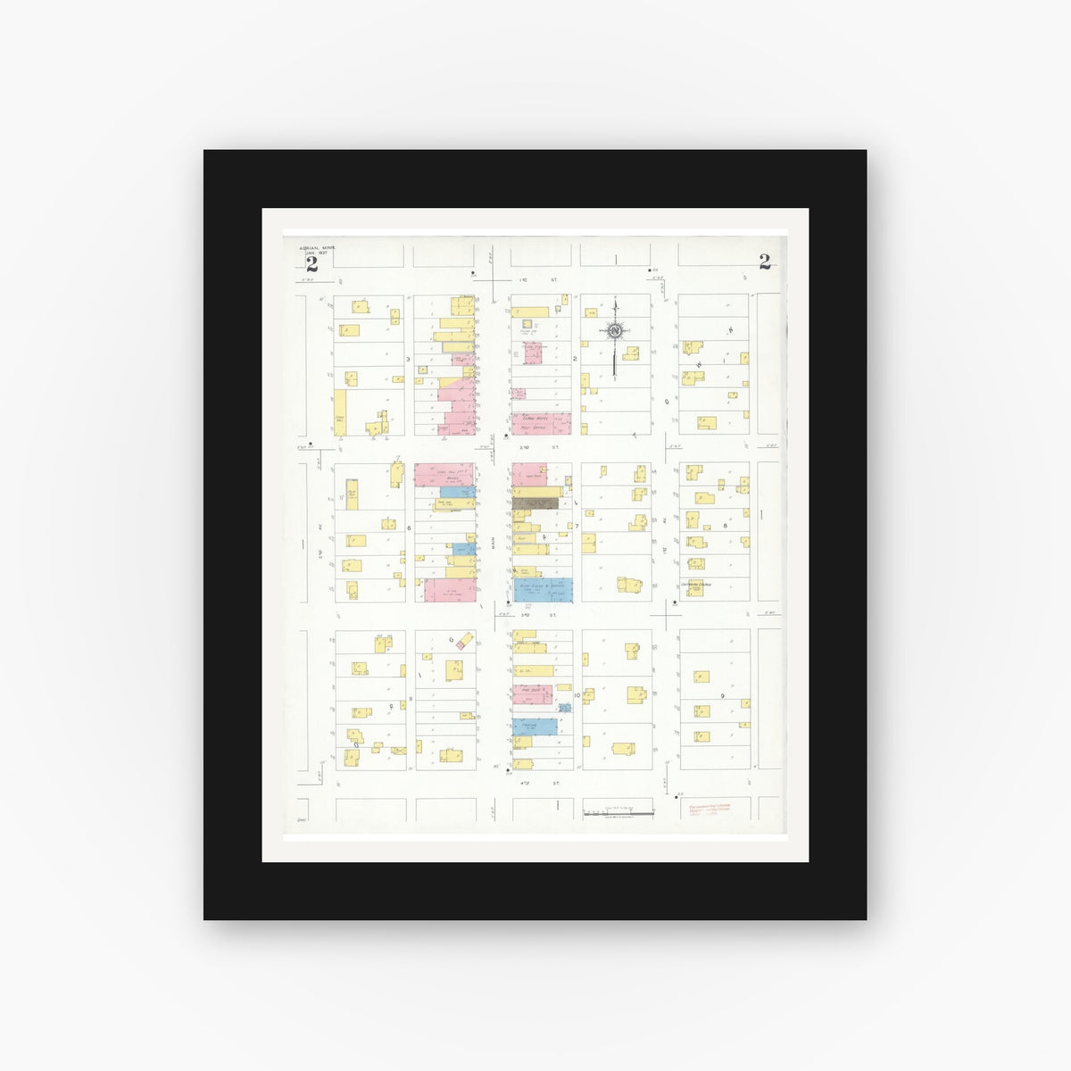 Old map wall art mockup — black gallery frame with white mat — Sanborn Fire Insurance Map from Adrian, Nobles County, Minnesota (1937), Sheet #0002