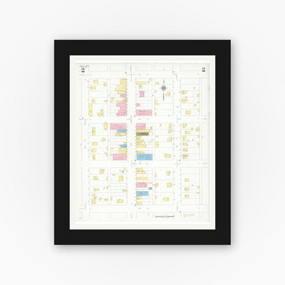 Old map wall art mockup — black gallery frame with white mat — Sanborn Fire Insurance Map from Adrian, Nobles County, Minnesota (1937), Sheet #0002