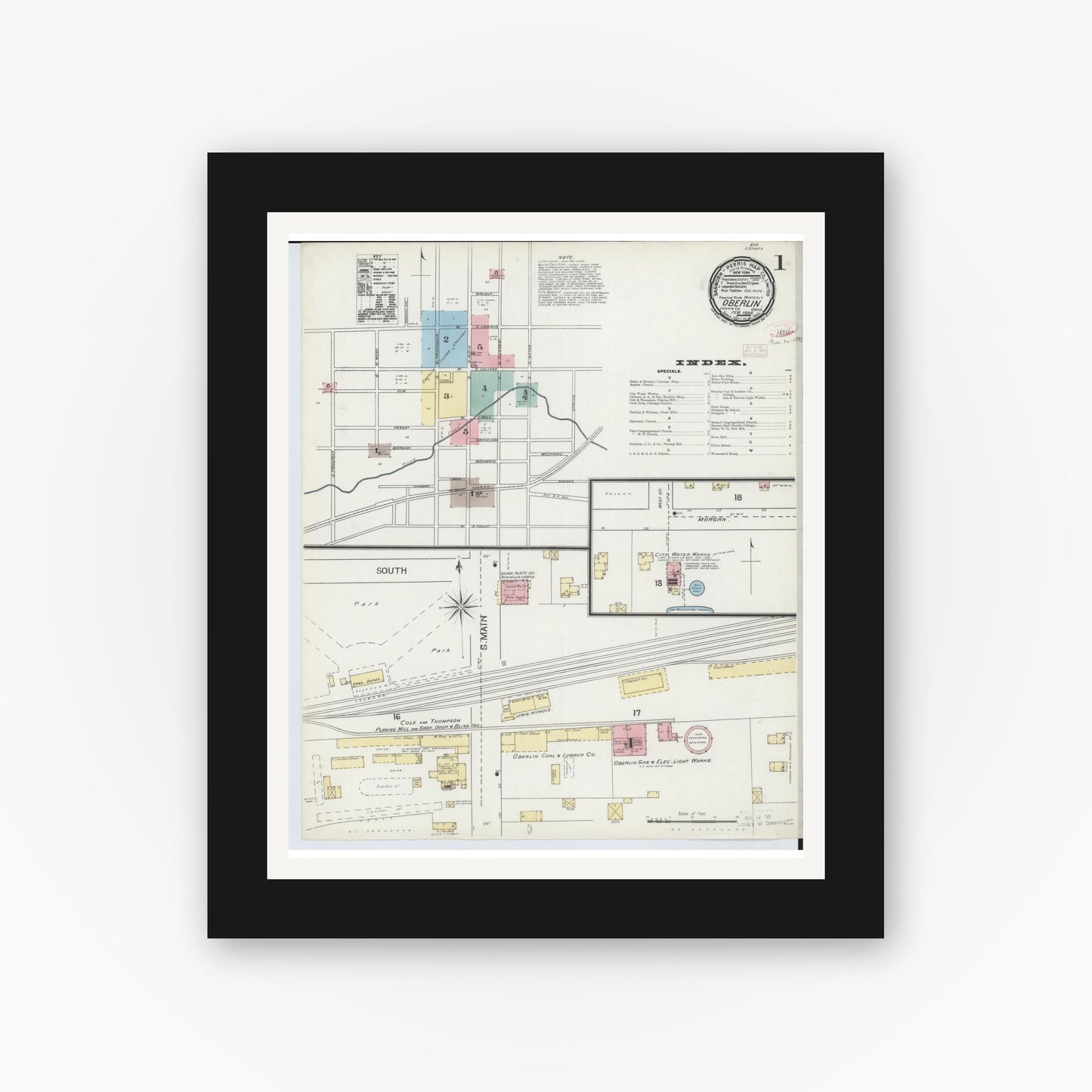 Old map wall art mockup — black gallery frame with white mat — Sanborn Fire Insurance Map from Oberlin, Lorain County, Ohio (1893) - Complete Map Set