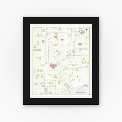 Old map wall art mockup — black gallery frame with white mat — Sanborn Fire Insurance Map from Ticonderoga, Essex County, New York (1912), Sheet #0009