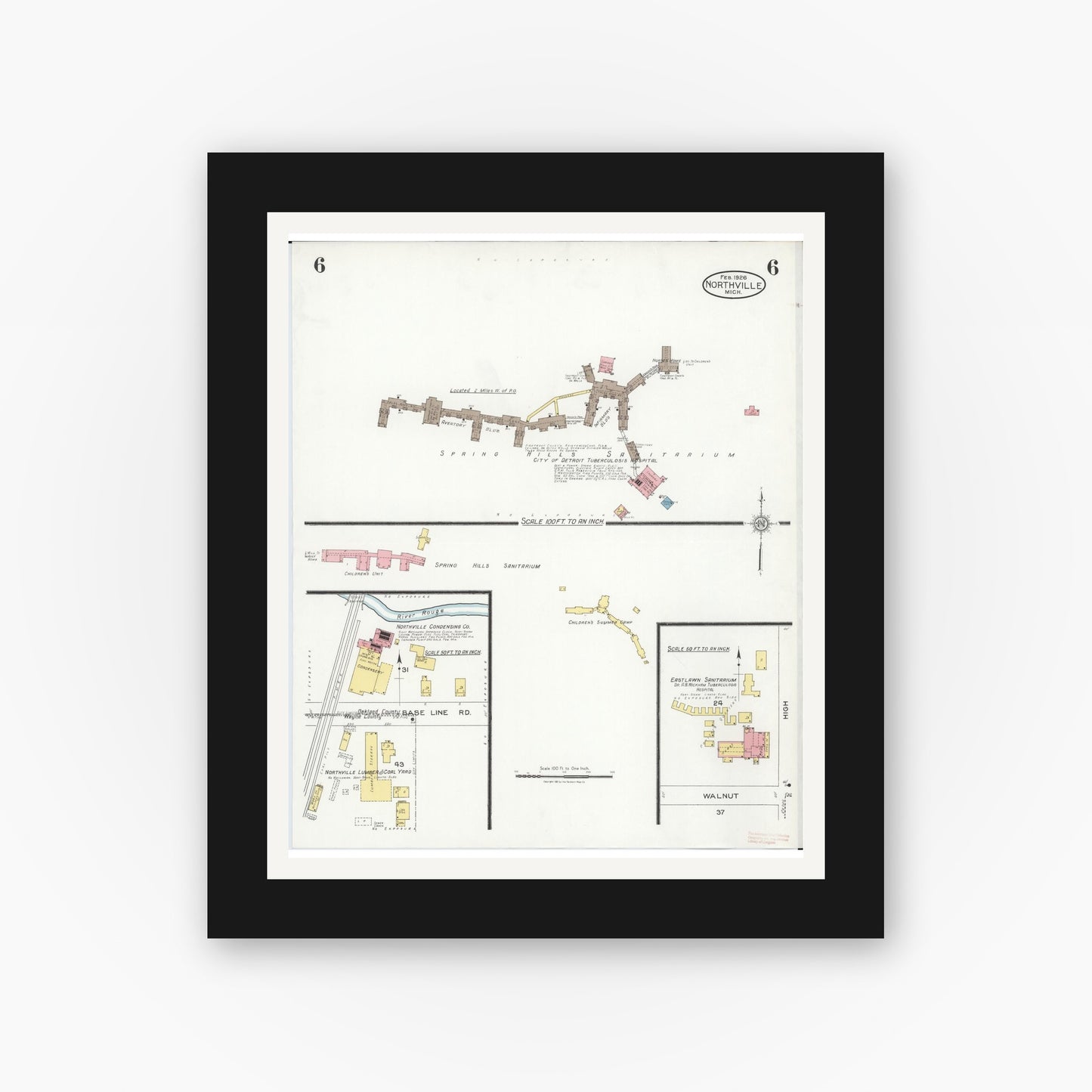 Old map wall art mockup — black gallery frame with white mat — Sanborn Fire Insurance Map from Northville, Wayne County, Michigan (1926), Sheet #0006