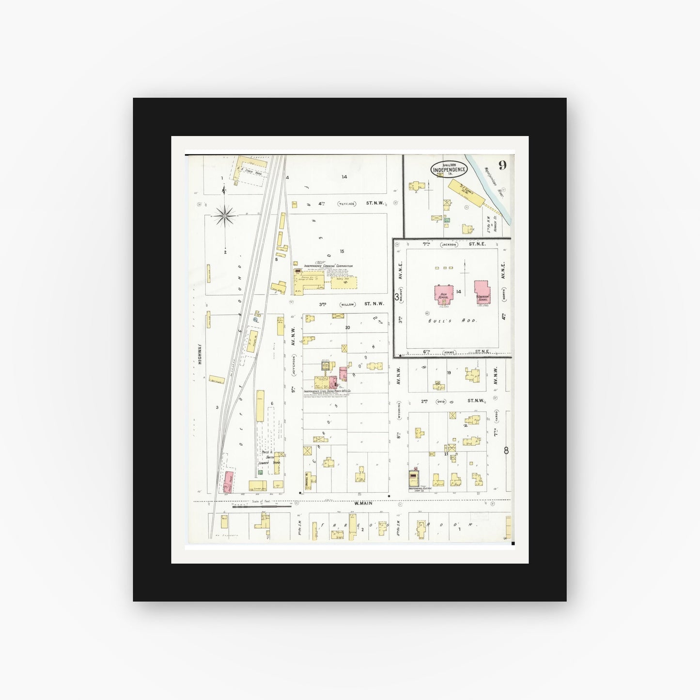 Old map wall art mockup — black gallery frame with white mat — Sanborn Fire Insurance Map from Independence, Buchanan County, Iowa (1899), Sheet #0009