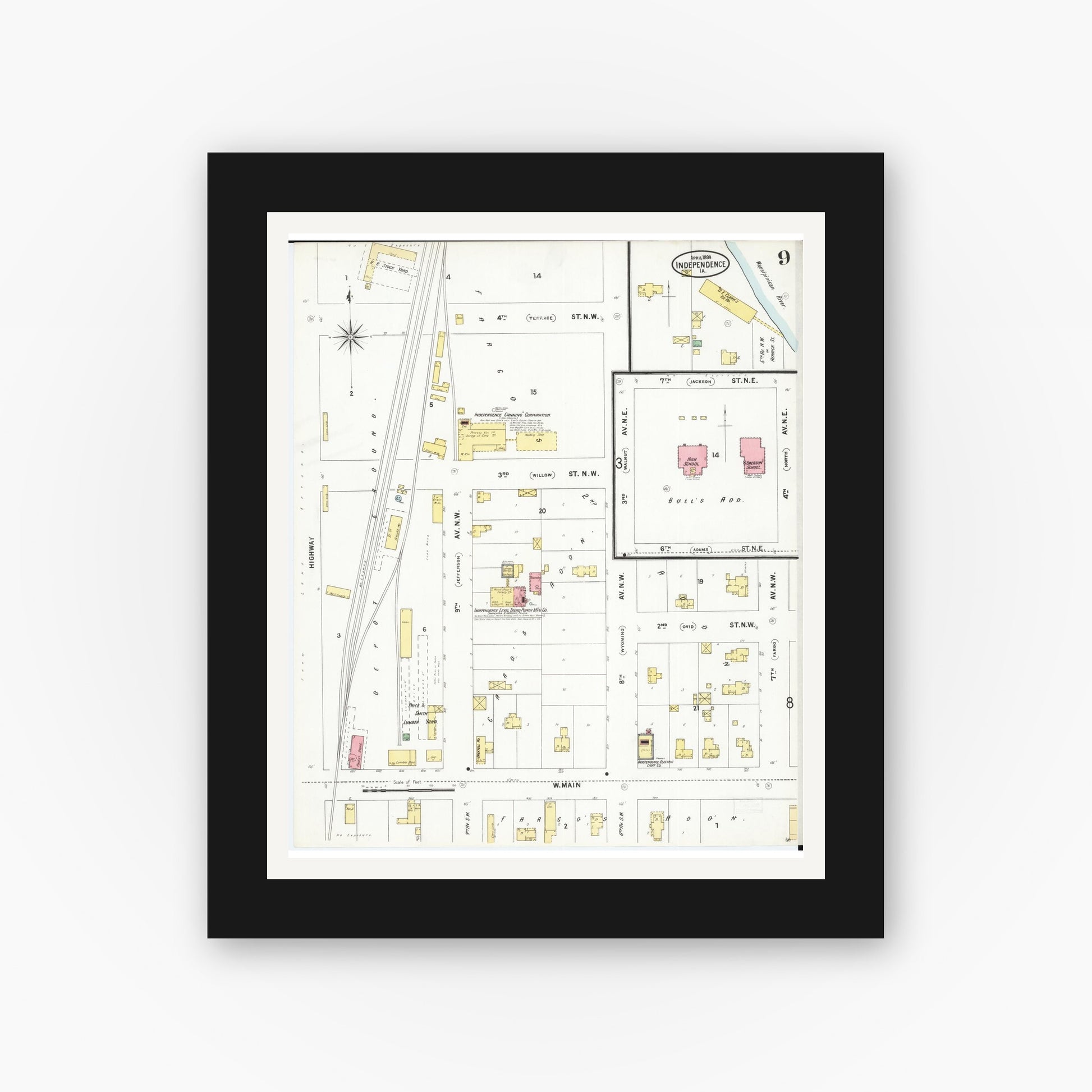 Old map wall art mockup — black gallery frame with white mat — Sanborn Fire Insurance Map from Independence, Buchanan County, Iowa (1899), Sheet #0009