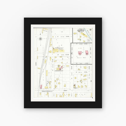 Old map wall art mockup — black gallery frame with white mat — Sanborn Fire Insurance Map from Independence, Buchanan County, Iowa (1899), Sheet #0009