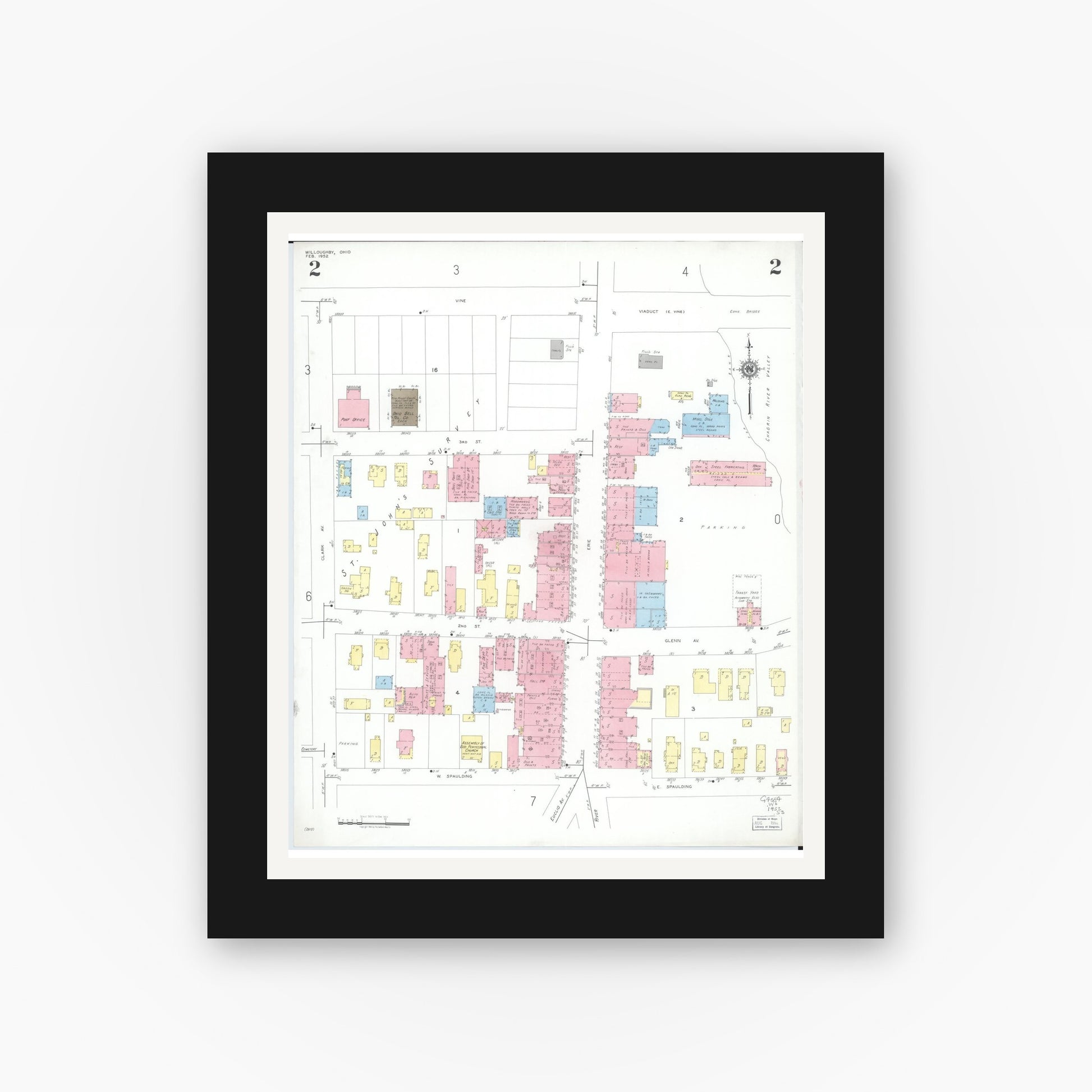Old map wall art mockup — black gallery frame with white mat — Sanborn Fire Insurance Map from Willoughby, Lake County, Ohio (1952), Sheet #0002