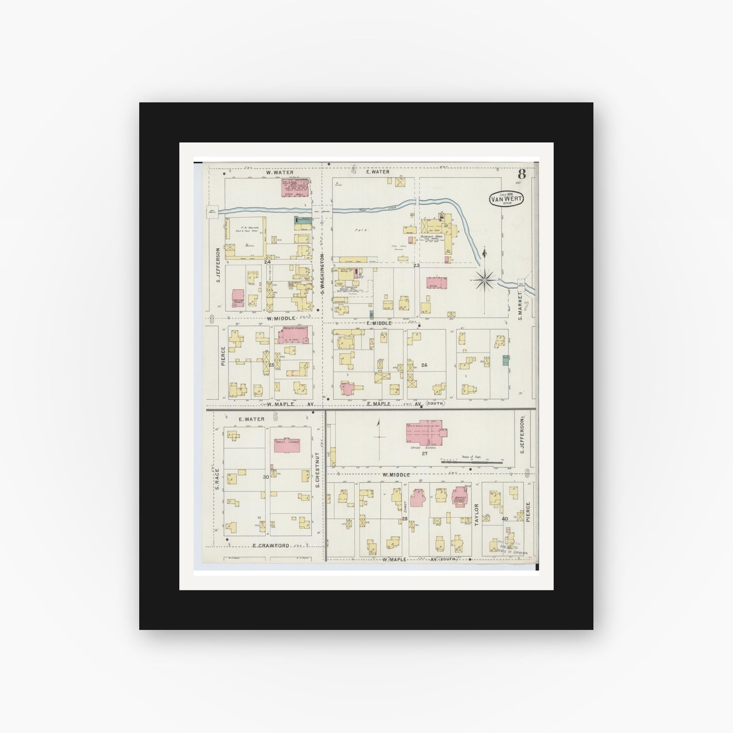 Old map wall art mockup — black gallery frame with white mat — Sanborn Fire Insurance Map from Van Wert, Van Wert County, Ohio (1895), Sheet #0008