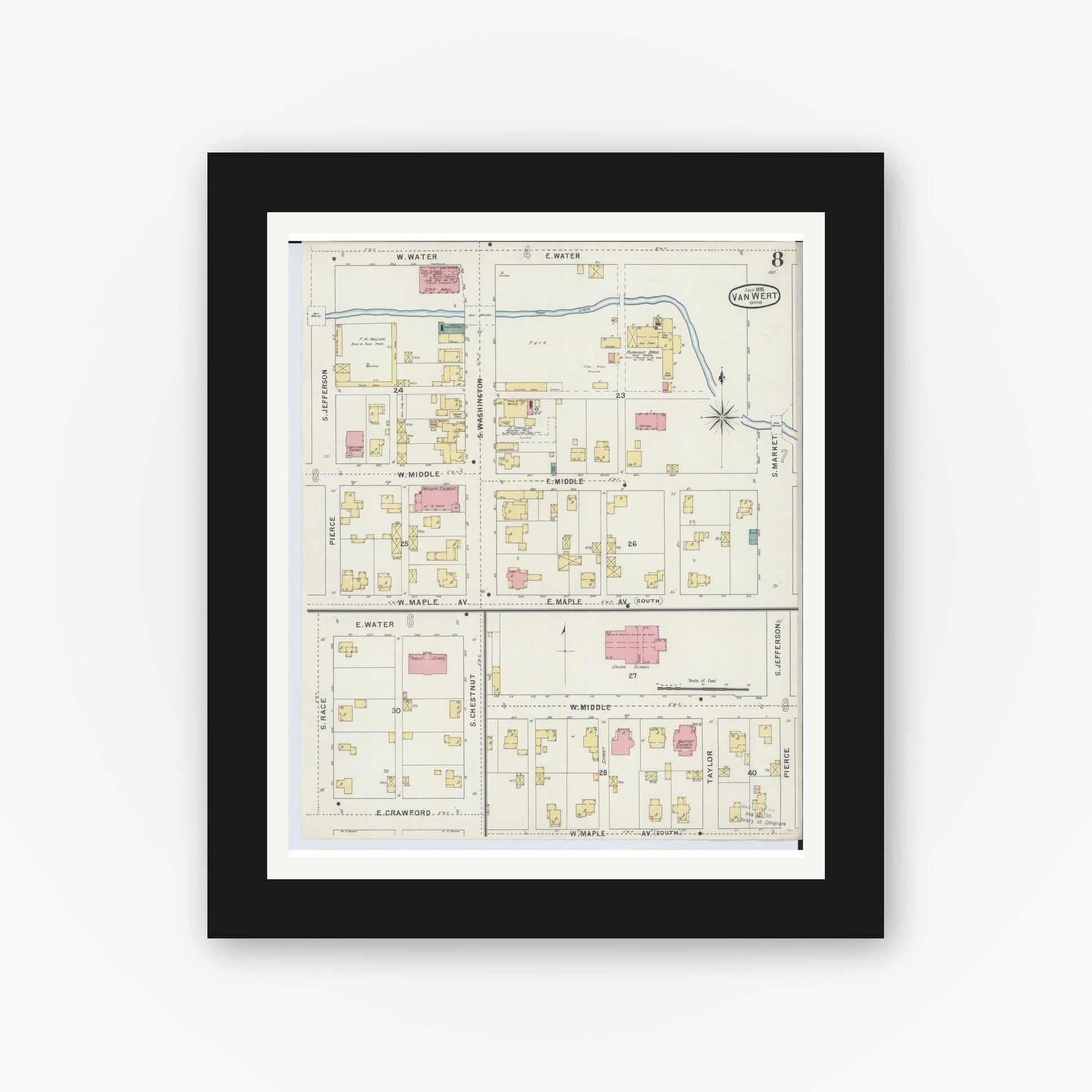 Old map wall art mockup — black gallery frame with white mat — Sanborn Fire Insurance Map from Van Wert, Van Wert County, Ohio (1895), Sheet #0008