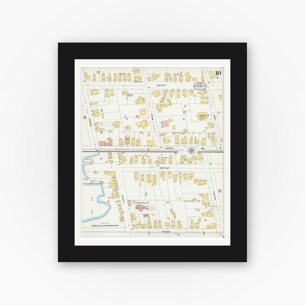 Old map wall art mockup — black gallery frame with white mat — Sanborn Fire Insurance Map from New Bern, Craven County, North Carolina (1904), Sheet #0010