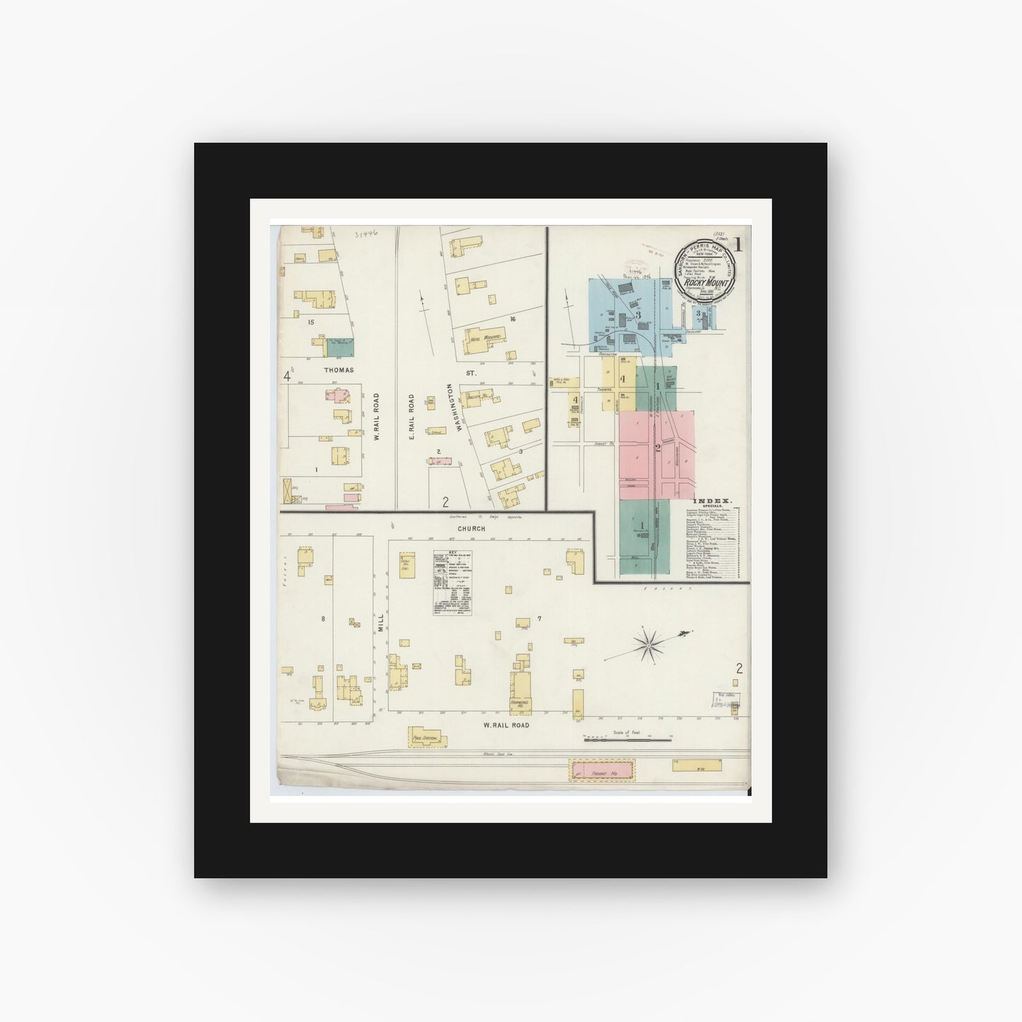 Old map wall art mockup — black gallery frame with white mat — Sanborn Fire Insurance Map from Rocky Mount, Edgecombe And Nash Counties, North Carolina (1896) - Complete Map Set