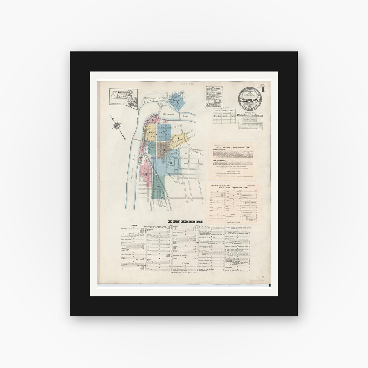 Old map wall art mockup — black gallery frame with white mat — Sanborn Fire Insurance Map from Turners Falls, Franklin County, Massachusetts (1940) - Complete Map Set