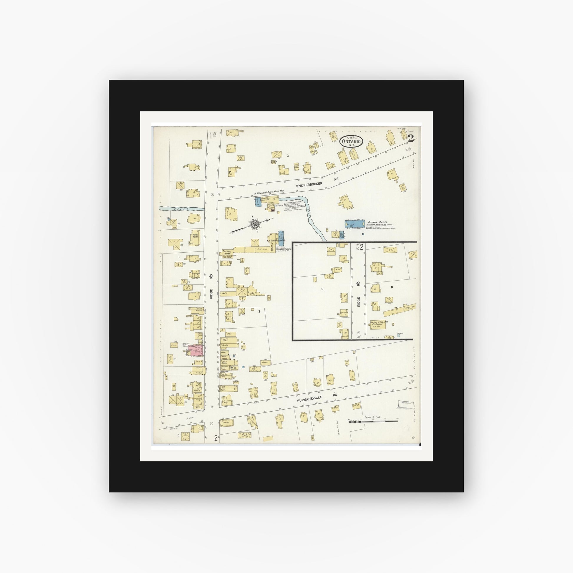 Old map wall art mockup — black gallery frame with white mat — Sanborn Fire Insurance Map from Ontario, Wayne County, New York (1912), Sheet #0002