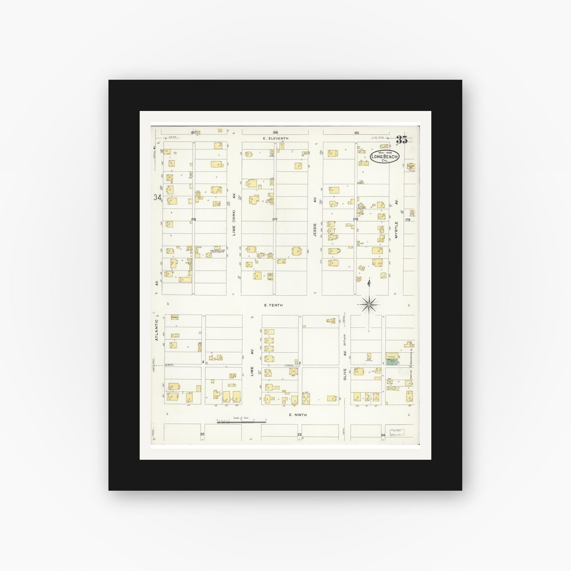 Old map wall art mockup — black gallery frame with white mat — Sanborn Fire Insurance Map from Long Beach, Los Angeles County, California (1908), Sheet #0035