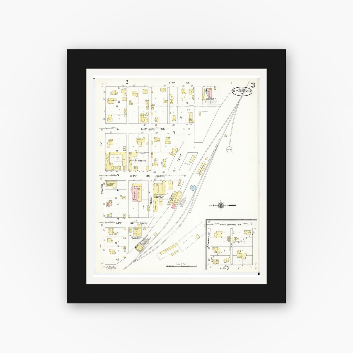 Old map wall art mockup — black gallery frame with white mat — Sanborn Fire Insurance Map from Guthrie Center, Guthrie County, Iowa (1909), Sheet #0003