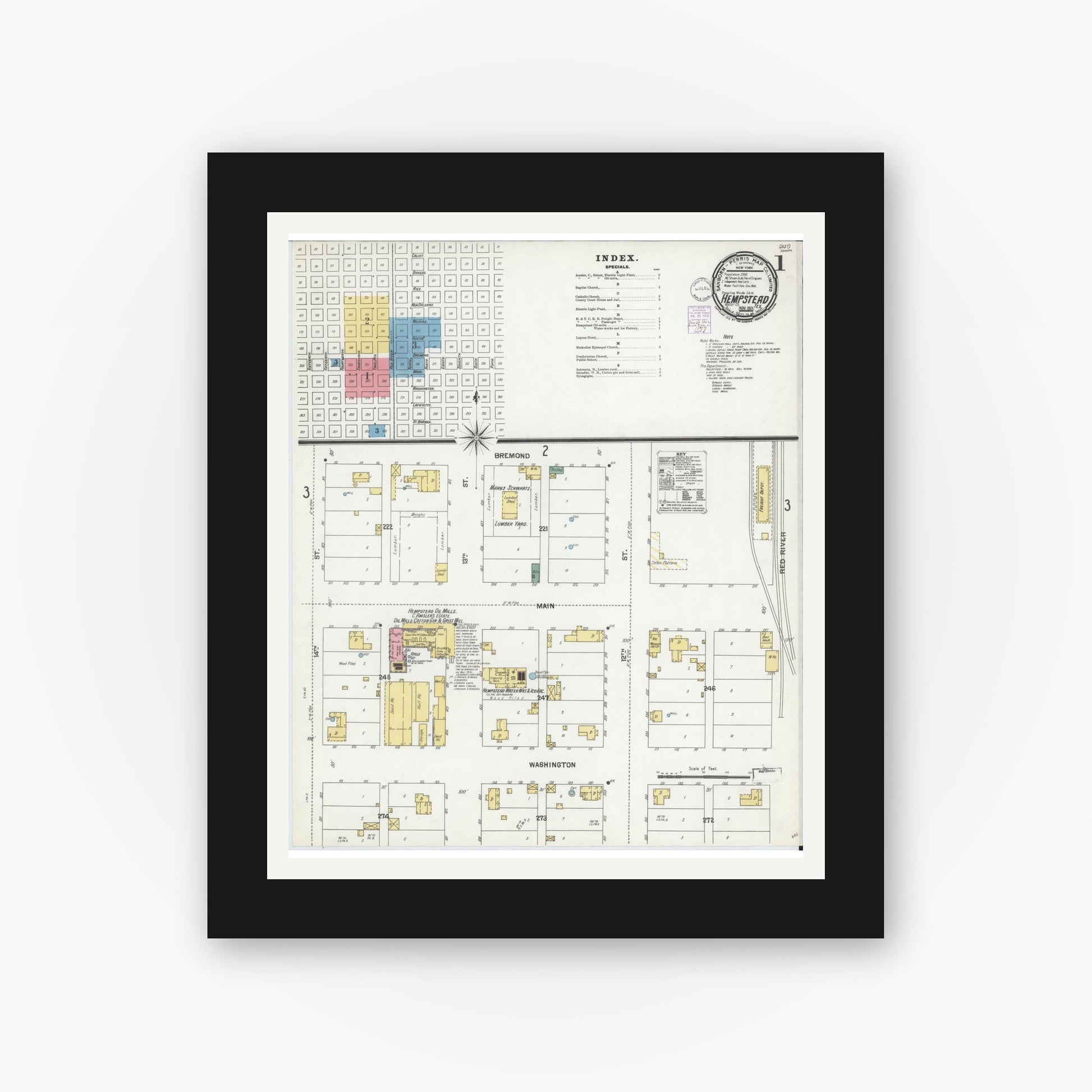 Old map wall art mockup — black gallery frame with white mat — Sanborn Fire Insurance Map from Hempstead, Waller County, Texas (1901) - Complete Map Set