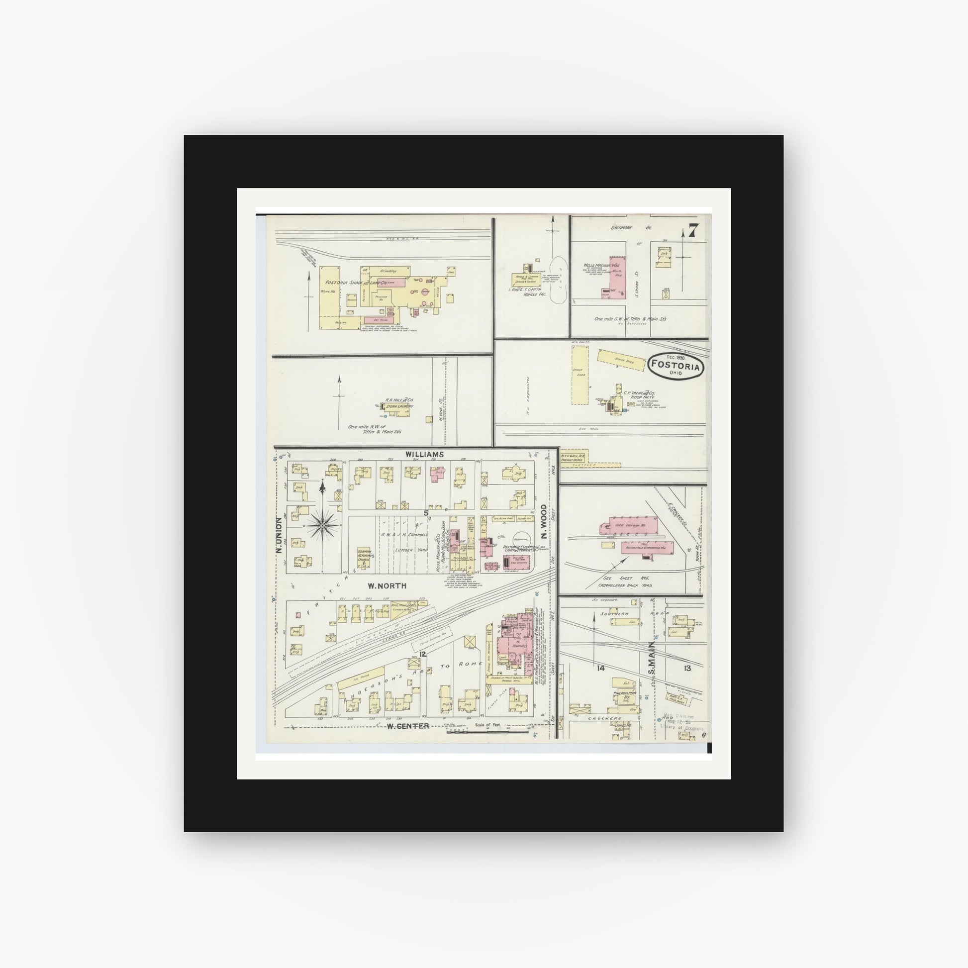Old map wall art mockup — black gallery frame with white mat — Sanborn Fire Insurance Map from Fostoria, Seneca, Hancock, And Wood Counties, Ohio (1891), Sheet #0007