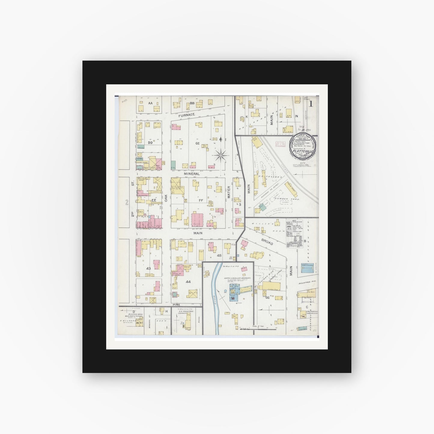 Old map wall art mockup — black gallery frame with white mat — Sanborn Fire Insurance Map from Platteville, Grant County, Wisconsin (1892), Sheet #0001