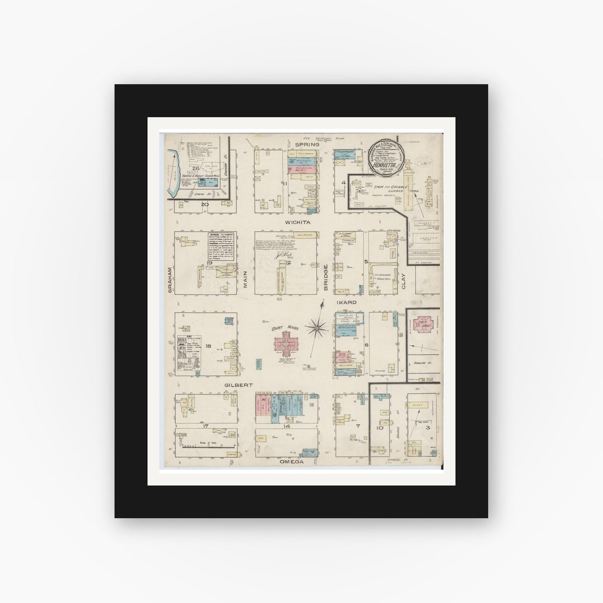 Old map wall art mockup — black gallery frame with white mat — Sanborn Fire Insurance Map from Henrietta, Clay County, Texas (1885), Sheet #0001