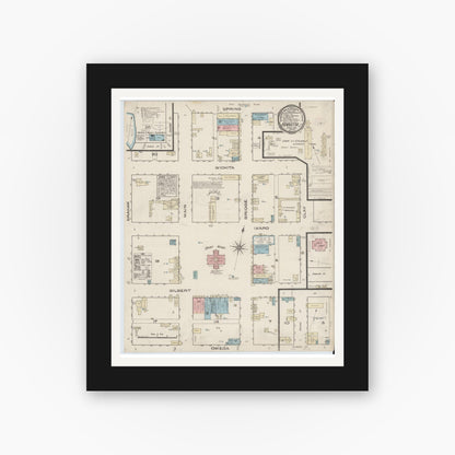 Old map wall art mockup — black gallery frame with white mat — Sanborn Fire Insurance Map from Henrietta, Clay County, Texas (1885), Sheet #0001