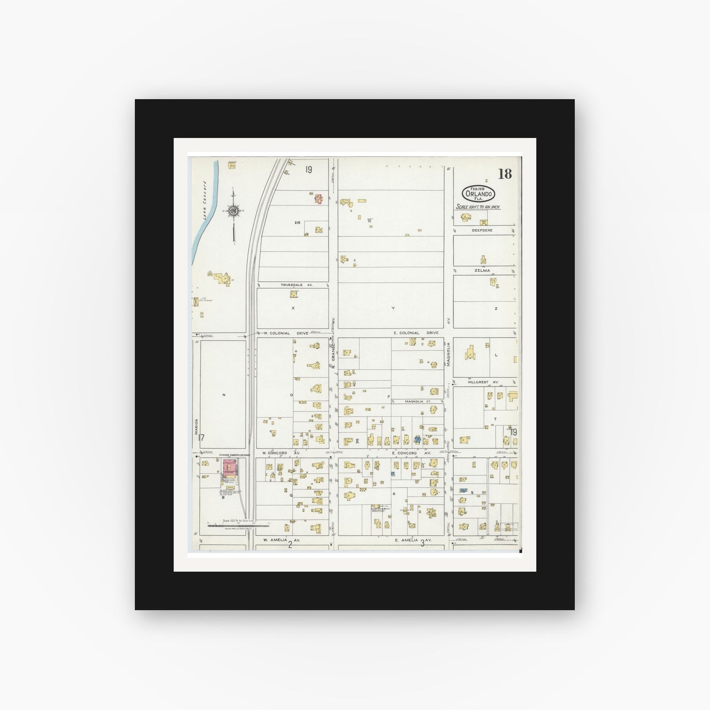 Old map wall art mockup — black gallery frame with white mat — Sanborn Fire Insurance Map from Orlando, Orange County, Florida (1919), Sheet #0018