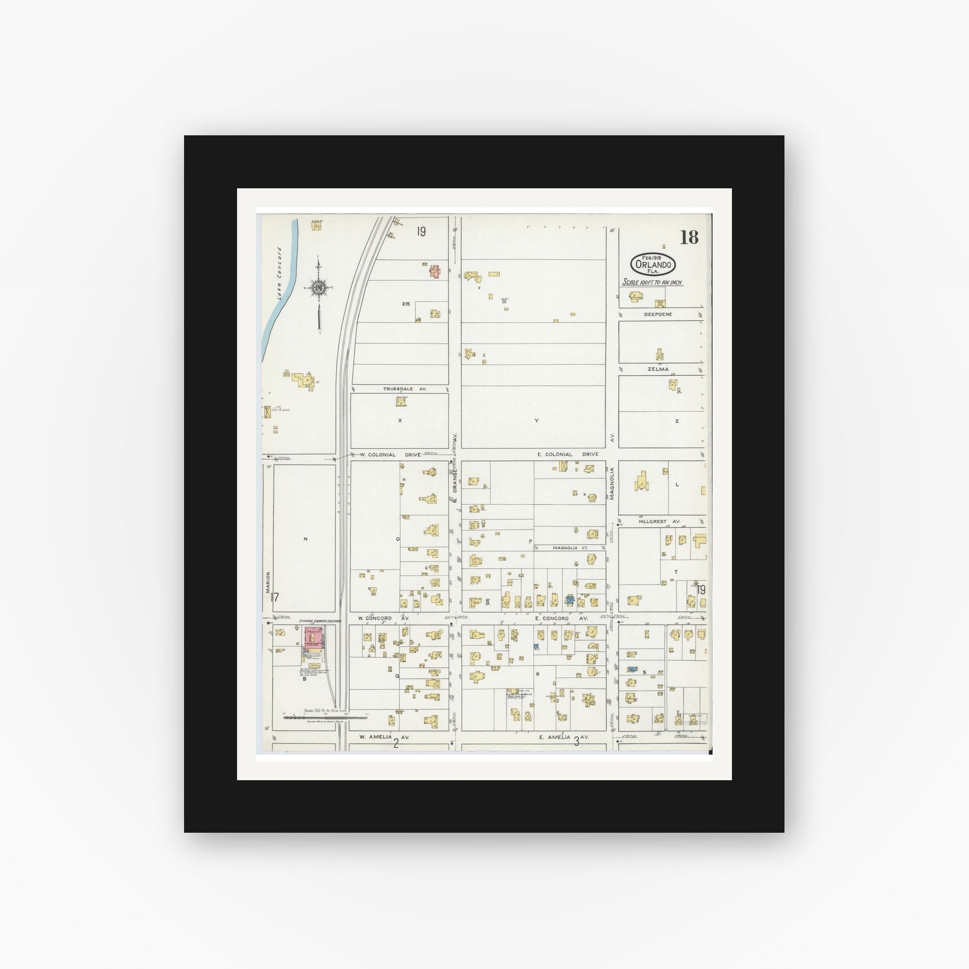 Old map wall art mockup — black gallery frame with white mat — Sanborn Fire Insurance Map from Orlando, Orange County, Florida (1919), Sheet #0018