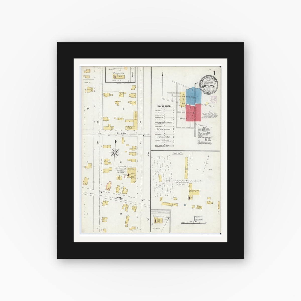 Old map wall art mockup — black gallery frame with white mat — Sanborn Fire Insurance Map from Northville, Fulton County, New York (1906) - Complete Map Set