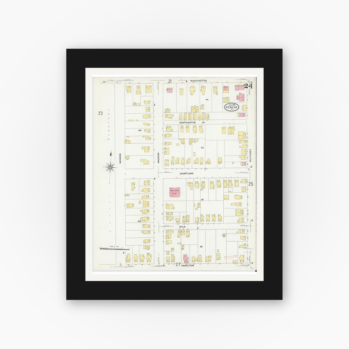 Old map wall art mockup — black gallery frame with white mat — Sanborn Fire Insurance Map from Geneva, Ontario County, New York (1909), Sheet #0024