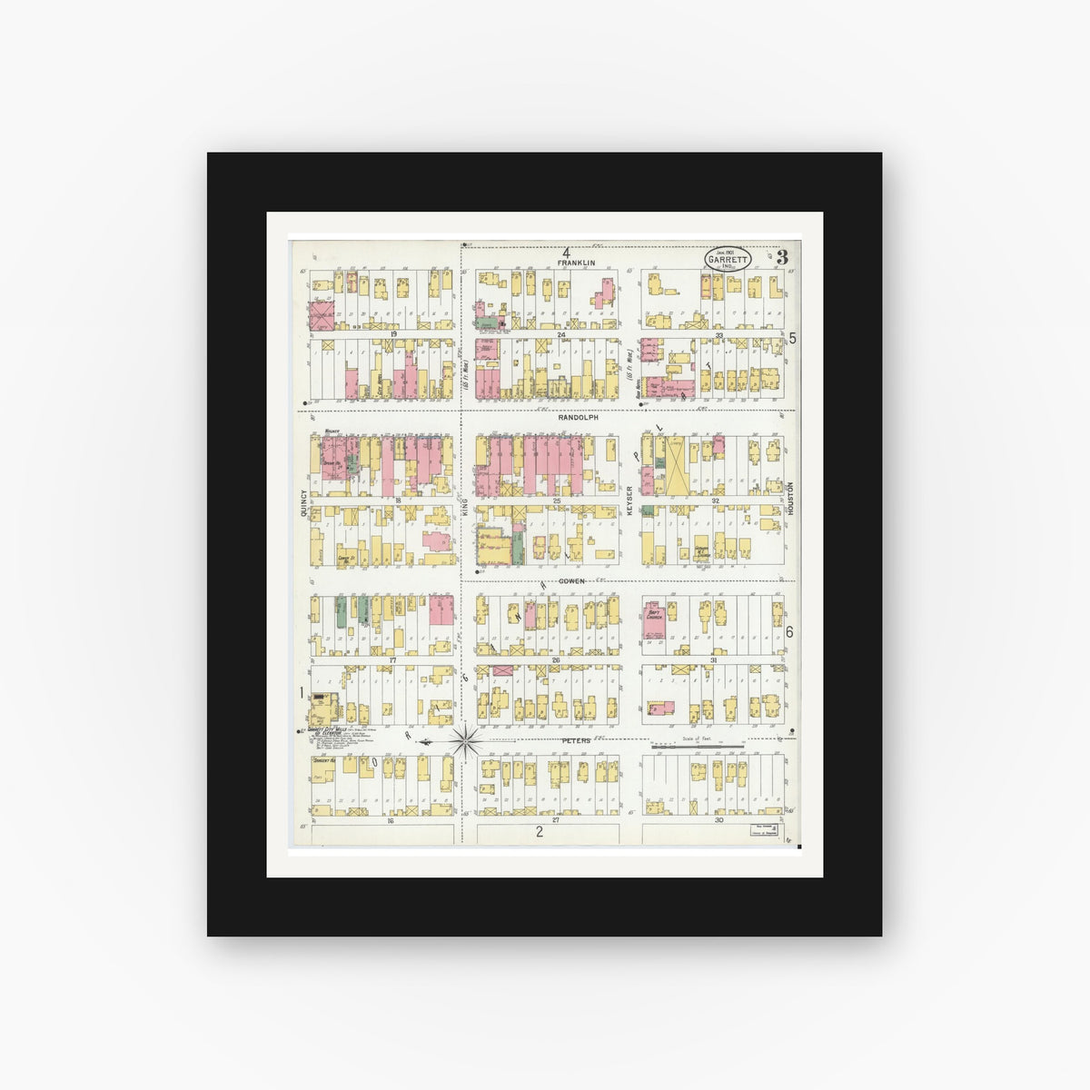 Old map wall art mockup — black gallery frame with white mat — Sanborn Fire Insurance Map from Garrett, De Kalb County, Indiana (1901), Sheet #0003