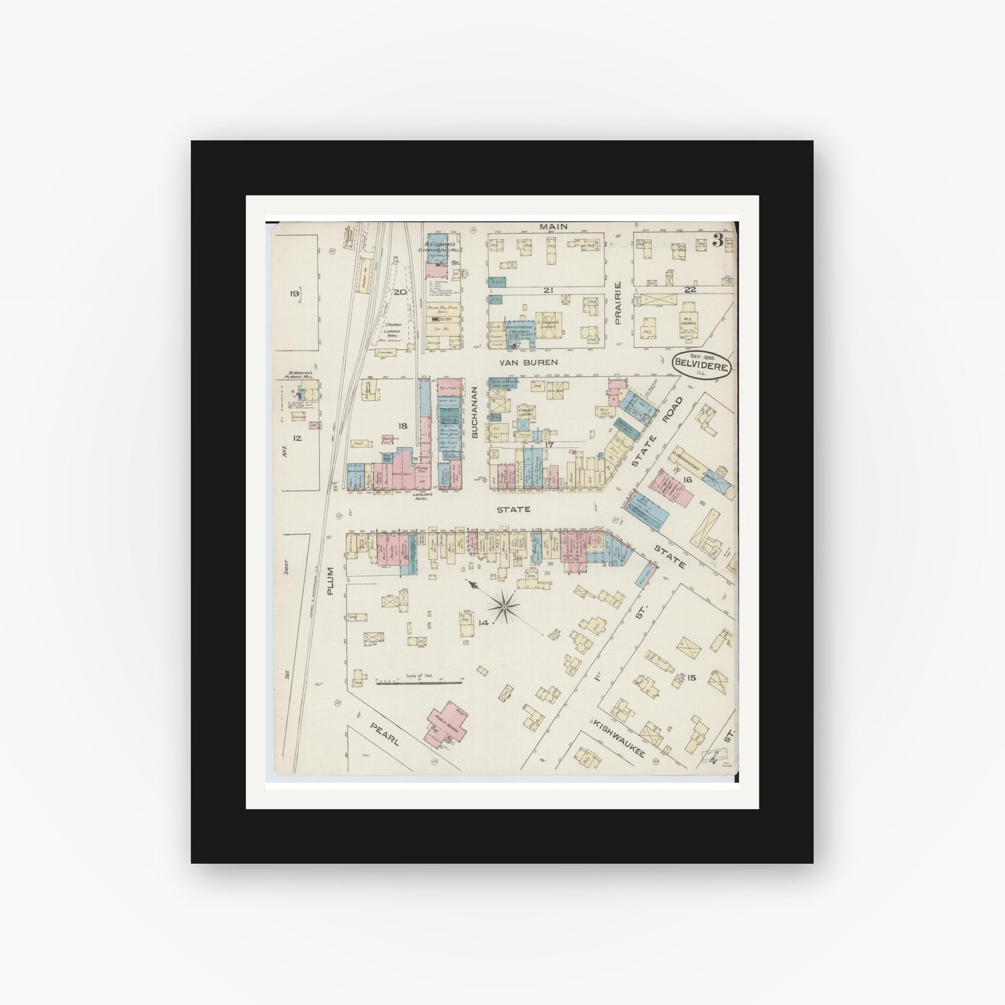 Old map wall art mockup — black gallery frame with white mat — Sanborn Fire Insurance Map from Belvidere, Boone County, Illinois (1885), Sheet #0003
