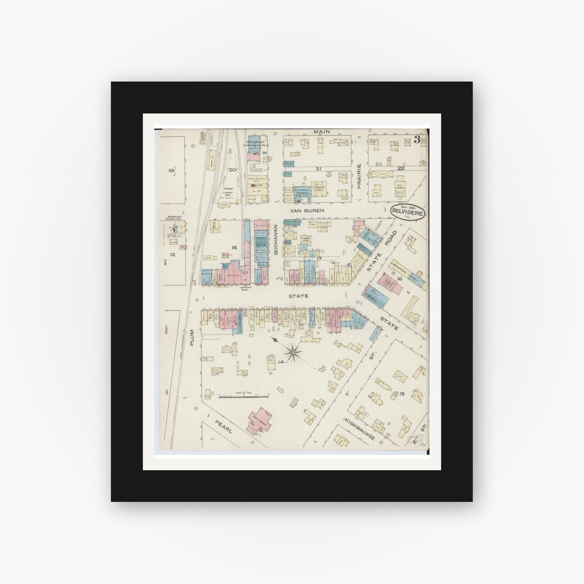 Old map wall art mockup — black gallery frame with white mat — Sanborn Fire Insurance Map from Belvidere, Boone County, Illinois (1885), Sheet #0003
