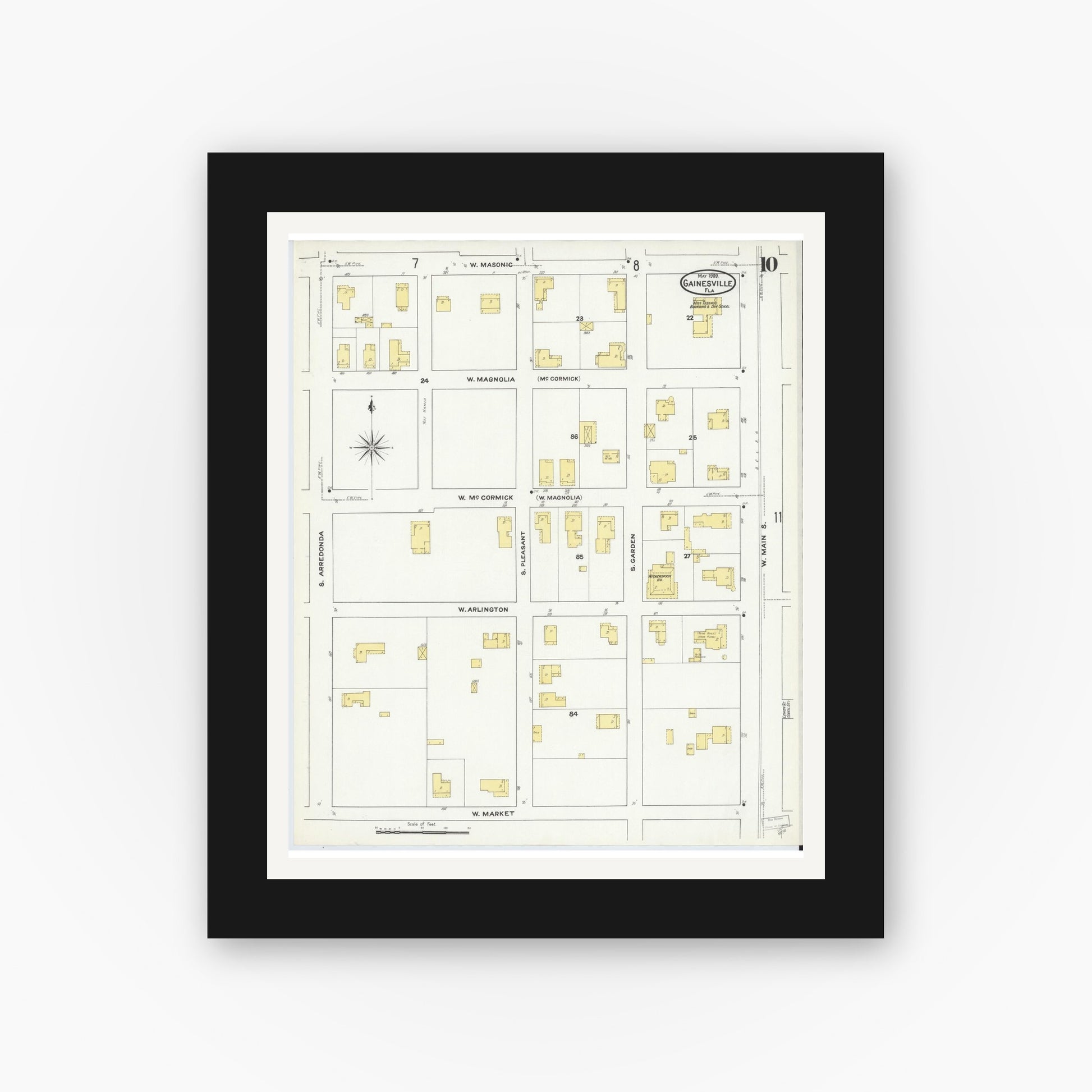 Old map wall art mockup — black gallery frame with white mat — Sanborn Fire Insurance Map from Gainesville, Alachua County, Florida (1909), Sheet #0010