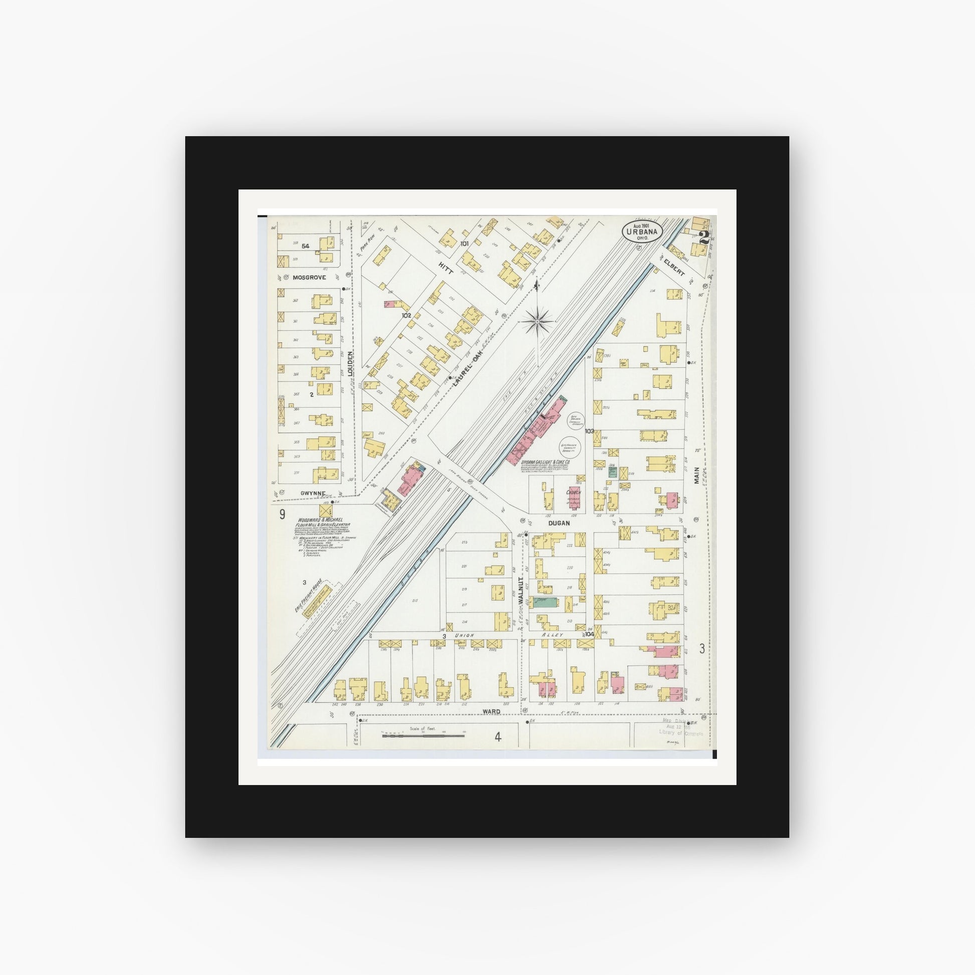 Old map wall art mockup — black gallery frame with white mat — Sanborn Fire Insurance Map from Urbana, Champaign County, Ohio (1901), Sheet #0002
