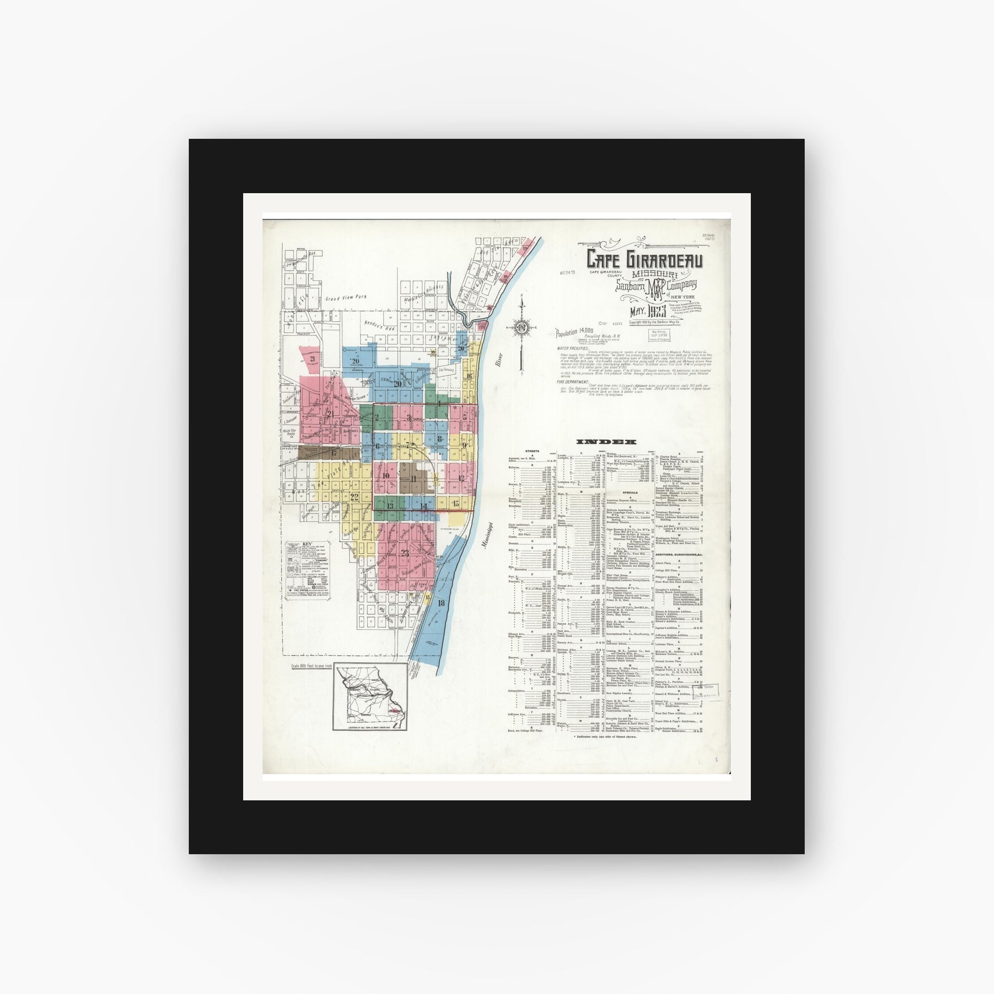 Old map wall art mockup — black gallery frame with white mat — Sanborn Fire Insurance Map from Cape Girardeau, Cape Girardeau County, Missouri (1923) - Complete Map Set