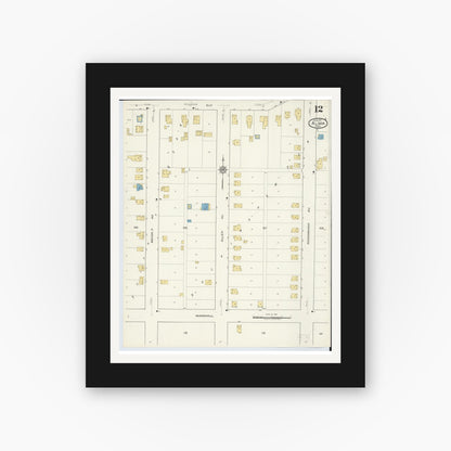 Old map wall art mockup — black gallery frame with white mat — Sanborn Fire Insurance Map from Alma, Gratiot County, Michigan (1917), Sheet #0012