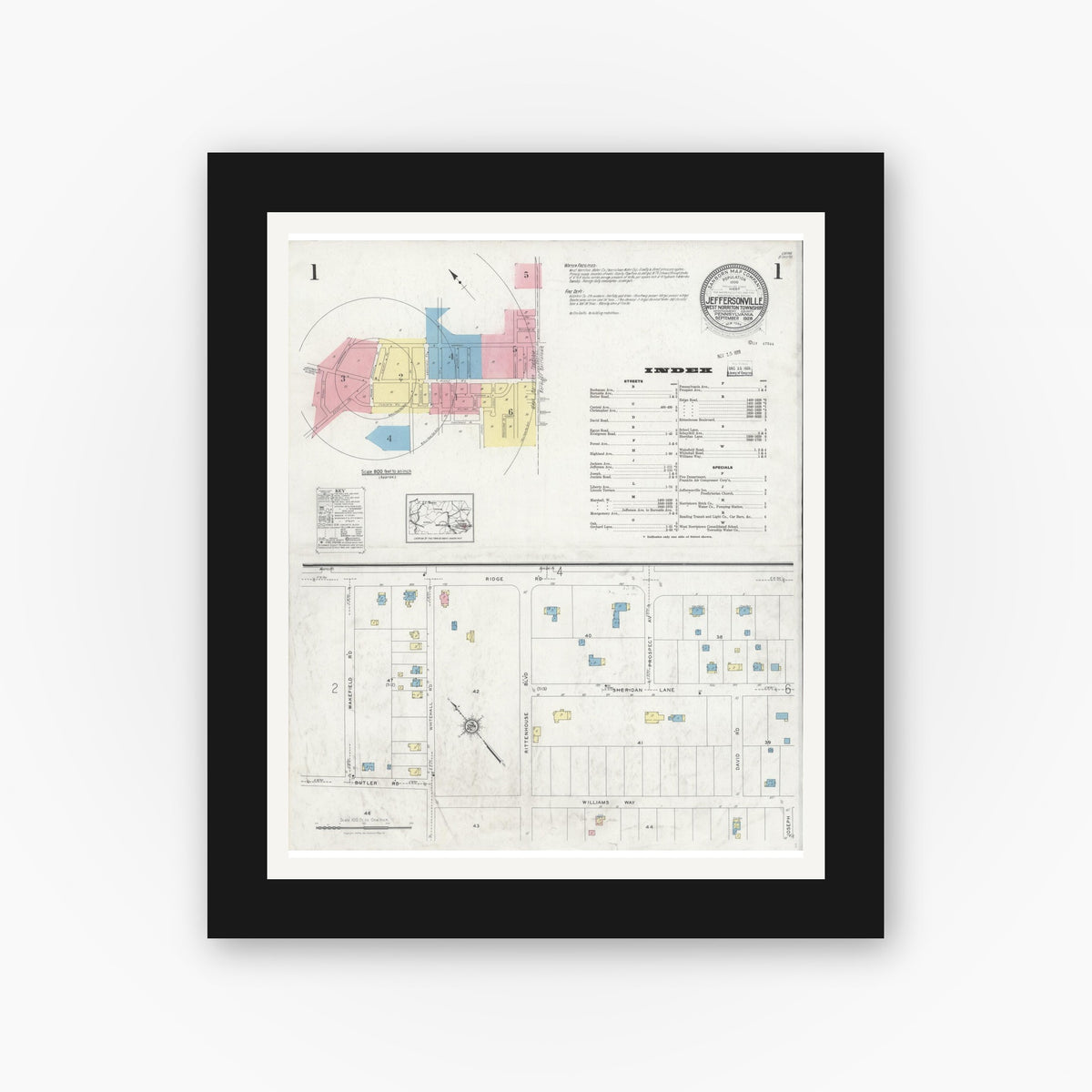 Old map wall art mockup — black gallery frame with white mat — Sanborn Fire Insurance Map from Jeffersonville, Montgomery County, Pennsylvania (1928) - Complete Map Set