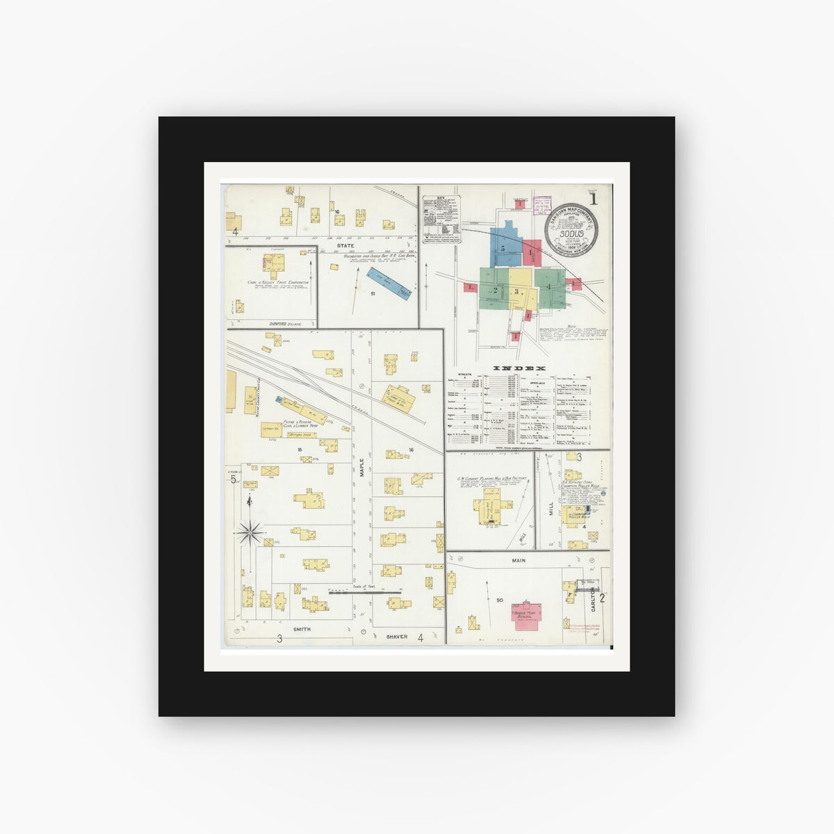 Old map wall art mockup — black gallery frame with white mat — Sanborn Fire Insurance Map from Sodus, Wayne County, New York (1906) - Complete Map Set