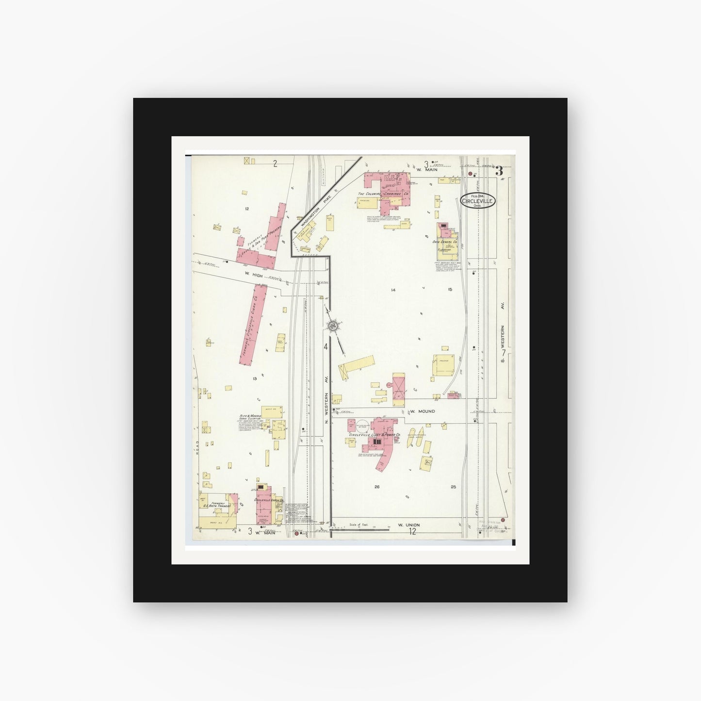 Old map wall art mockup — black gallery frame with white mat — Sanborn Fire Insurance Map from Circleville, Pickaway County, Ohio (1914), Sheet #0003