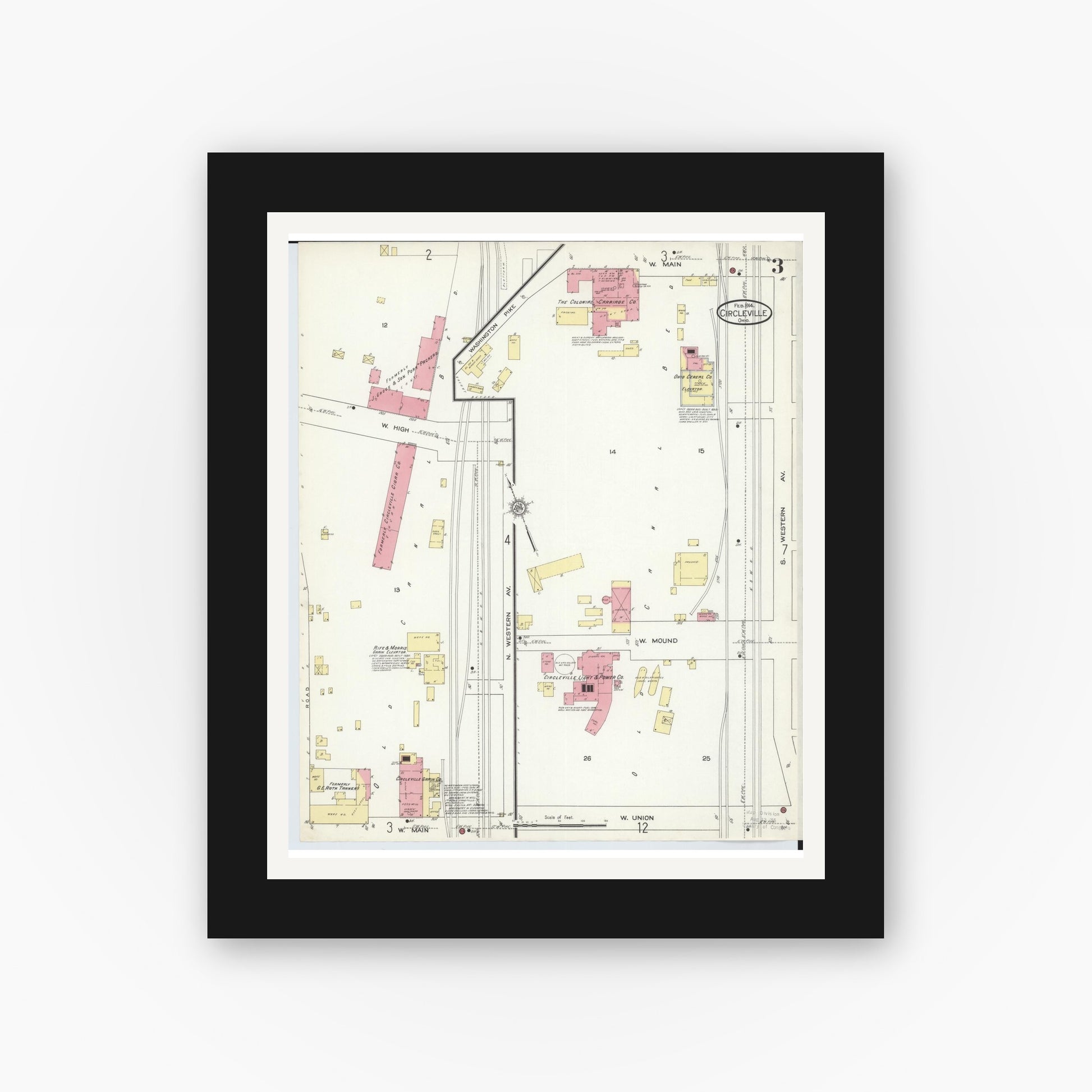 Old map wall art mockup — black gallery frame with white mat — Sanborn Fire Insurance Map from Circleville, Pickaway County, Ohio (1914), Sheet #0003